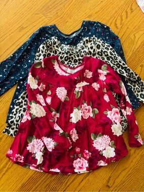 Lot of 3: Girls' 5T Long-Sleeve Tunic Shirts: floral, cheetah, stars moons